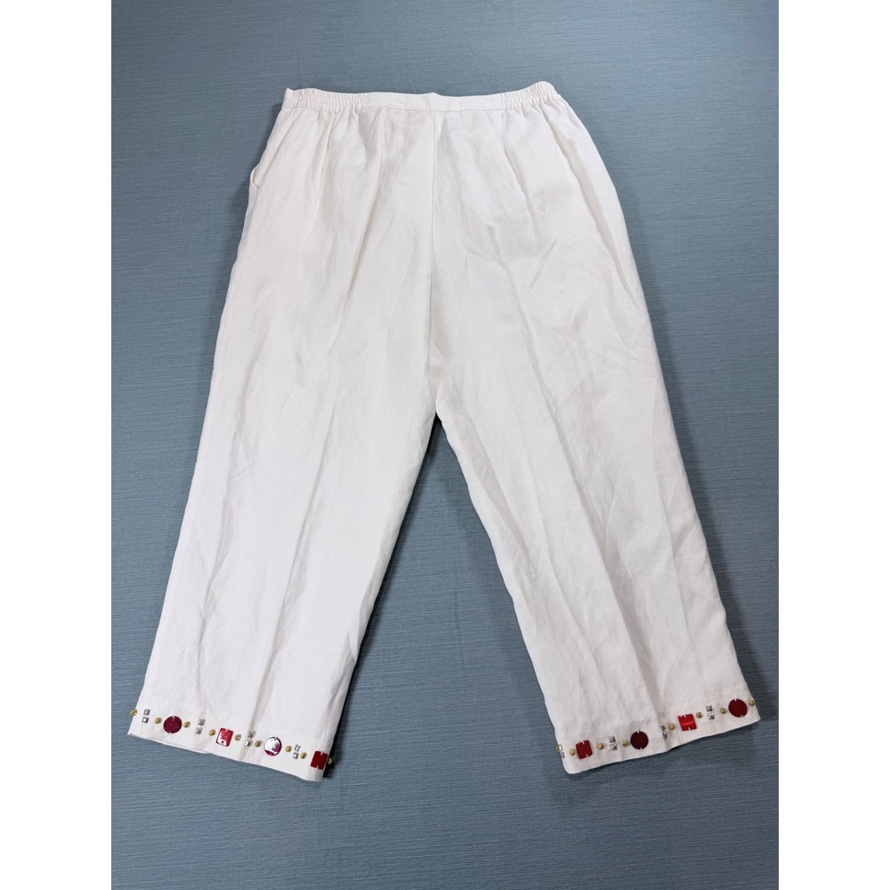 Ruby Rd Crop Pants Women 14 White Good Beaded Hem Linen Blend Trousers